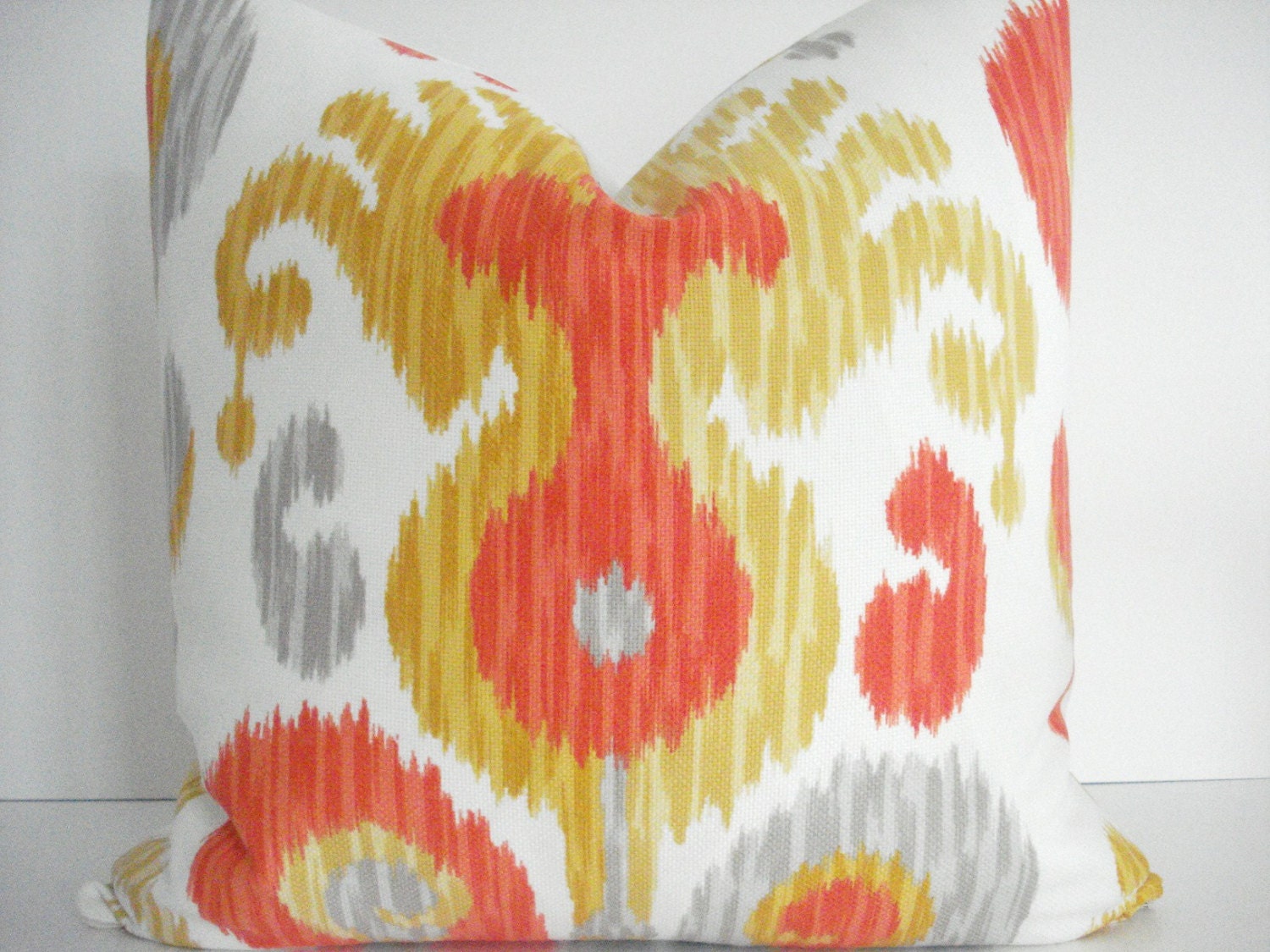 PKaufman -Journey- - Decorative Designer Pillow Cover-Orange -Coral - Tangerine Gold Off White Throw/Lumbar Ikat  Pillow