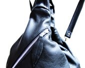 Black LEATHER women's BACKPACK,  large transformable bag, MESSENGER, shoulder tote, purse - Black swan