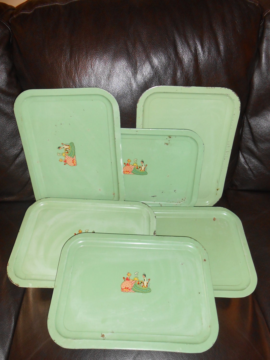 Very vintage sage green trays set of six