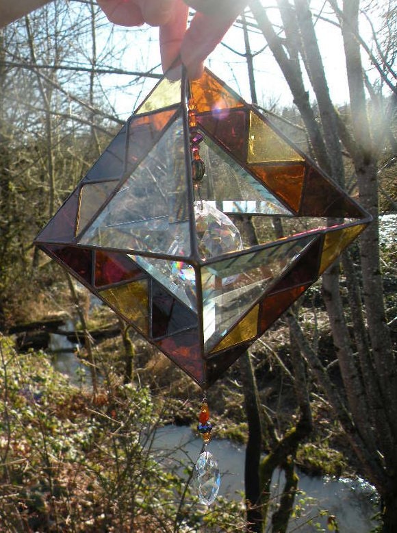 3D Beveled Geometric stained glass suncatcher with amber and dark rose and crystal