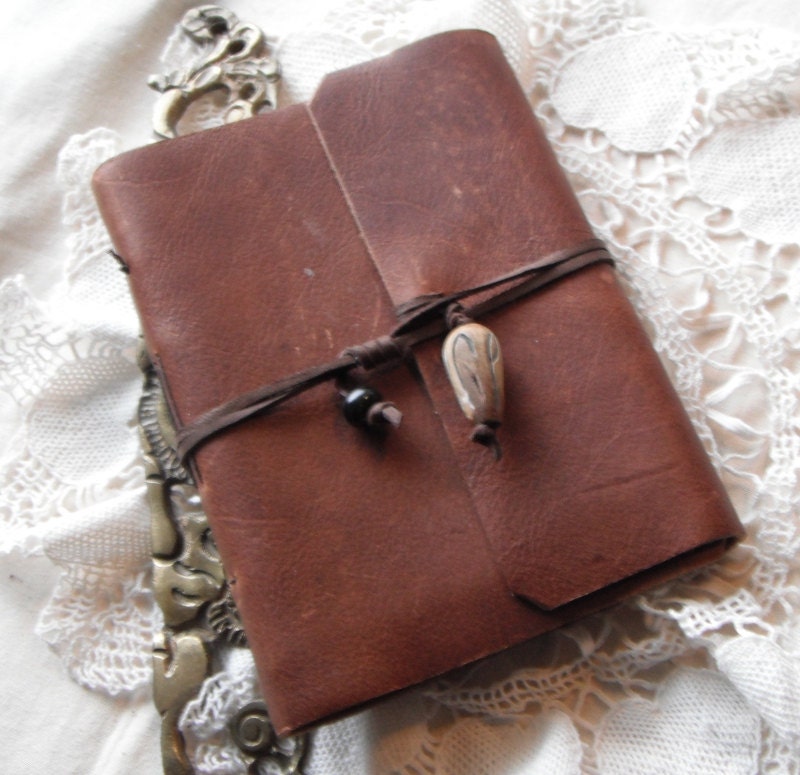 Island vacation journal - warm cocoa leather with antique beads