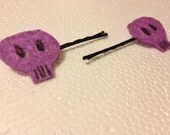 Summer Sale 20% off w/ code "Summer"  Purple Felt  Glitter Skull Hair Bobbies  Great gift for a co-worker or teens.  Punk Rock fun.