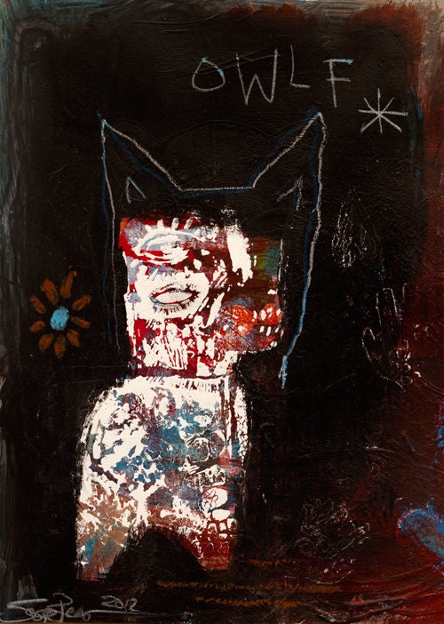 Animal Spirit Original Painting - Jesse Reno - 12"x8.75" - Bear Becoming Owlf