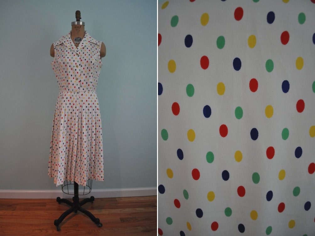 vintage polka dot dress rainbow 1970s L
