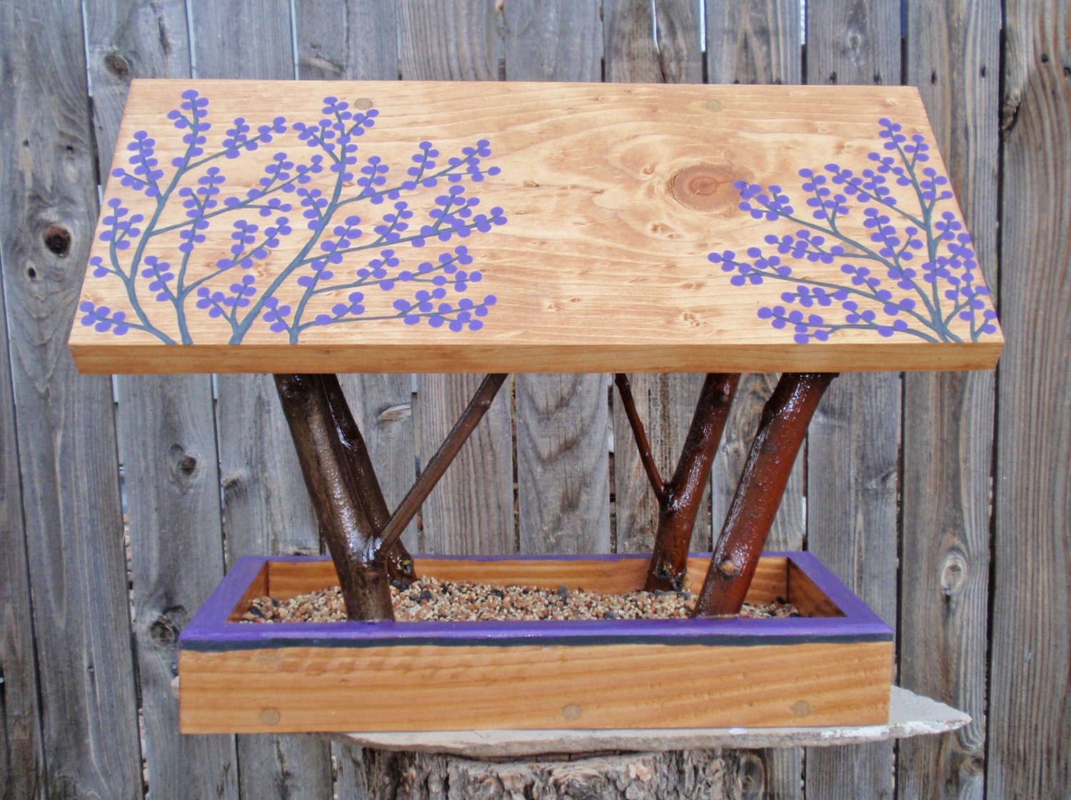 Persnickety Bird Feeder in Twigs and Winter Purple Berries built with Reclaimed Wood and Branches