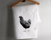 Hand screen printed teatowel with Inger the Hen by strandredesign