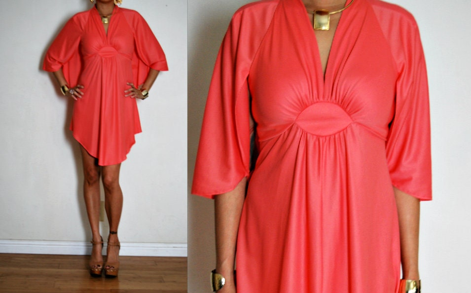 Vtg Flamingo Pink LORRIE DEB Glam Cape Sleeve Ruched Empire Assymetrical Hi Low Dress S