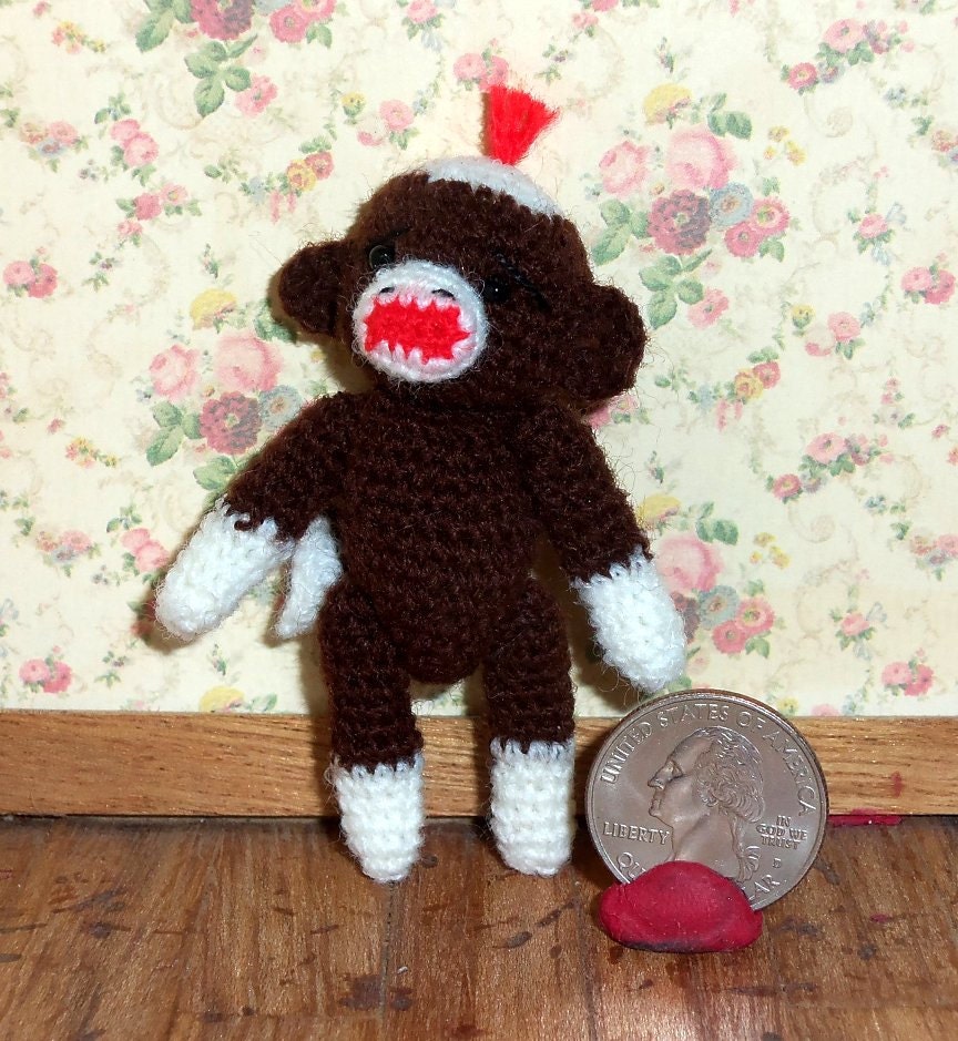Sock Monkey Miniature Brown Thread Artist Crochet Ready to Ship