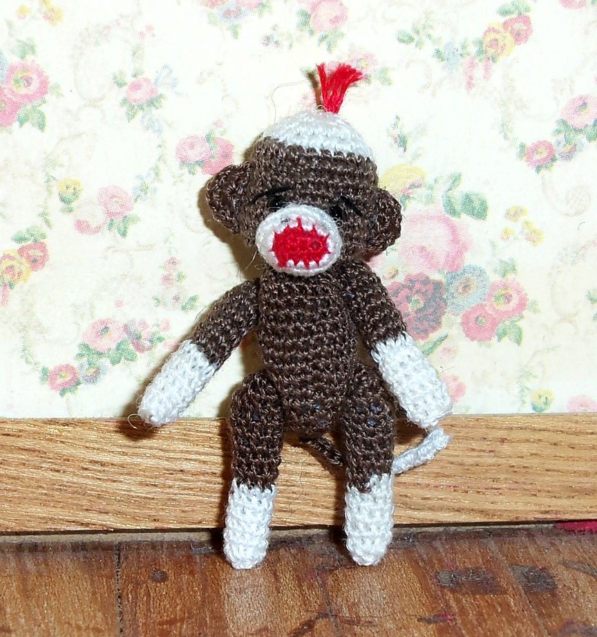 Micro Sock Monkey Brown 1 1/2 inch Baby Sock Monkey Thread Artist Crochet  Ready to Ship