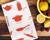 Kitchen Tea Towel Tools - Organic Eco Cotton Flour Sack Screenprinted Coral Orange