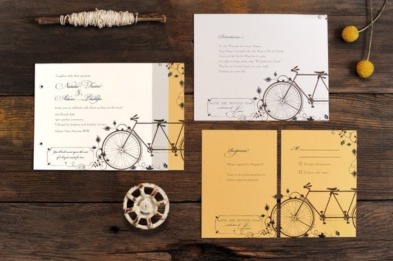 Tandem Bicycle Wedding Invitations - Bike Invite Vintage Floral Summer Set