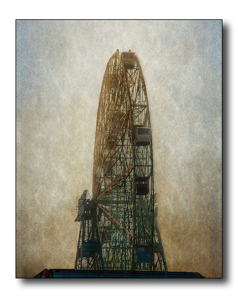 Coney Island Fine Art Photography, Antique Texture, Amusement Park Ride,Brown And Blue, Gifts, Brooklyn New York