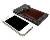 iPhone 5 wallet - gray herringbone and brown leather