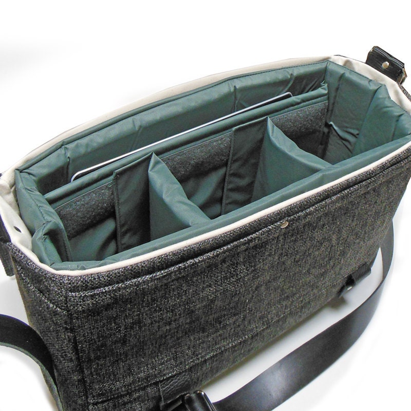 Camera & tablet messenger bag with leather strap - gray herringbone