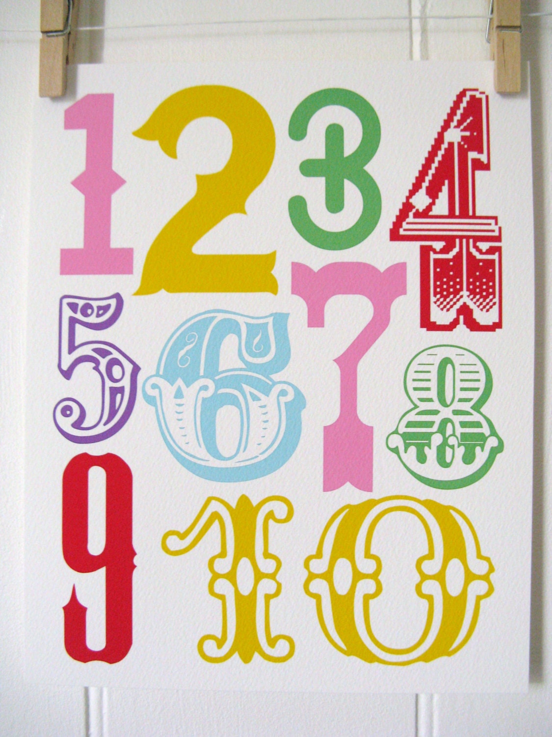 Numbers 1 - 10 Colourful Typographic Print 8 x 10