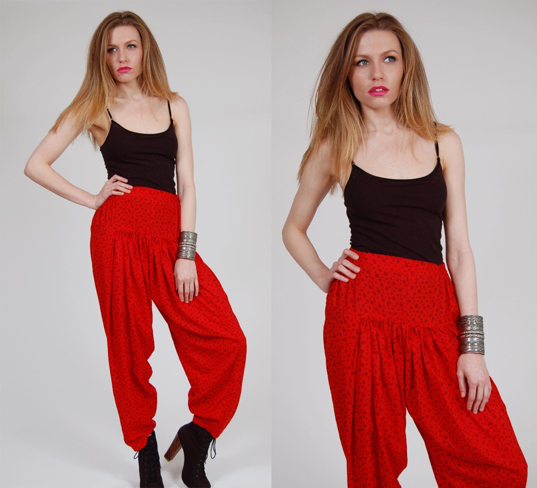 Vintage Harem Pants Red POLKA DOT Print Relaxed Indian Trouser Sarouel O/S