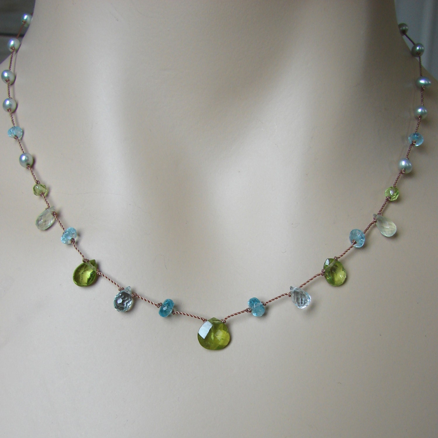 Peridot, Apatite and Aquamarine Knotted Silk Necklace