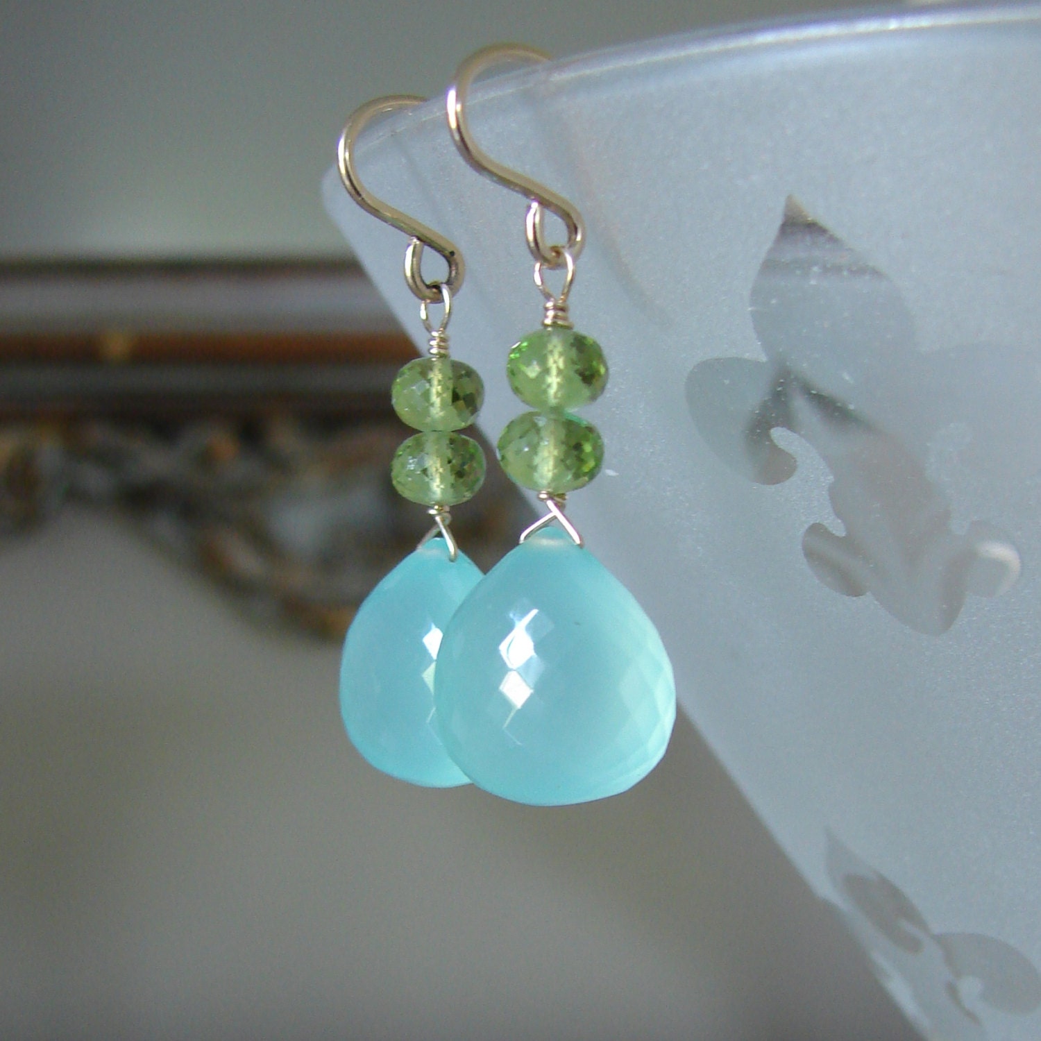 Chalcedony Briolette and Peridot Earrings