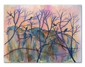 Sunrise Birds painting 9x12 original watercolor birds in trees fine art wall decor