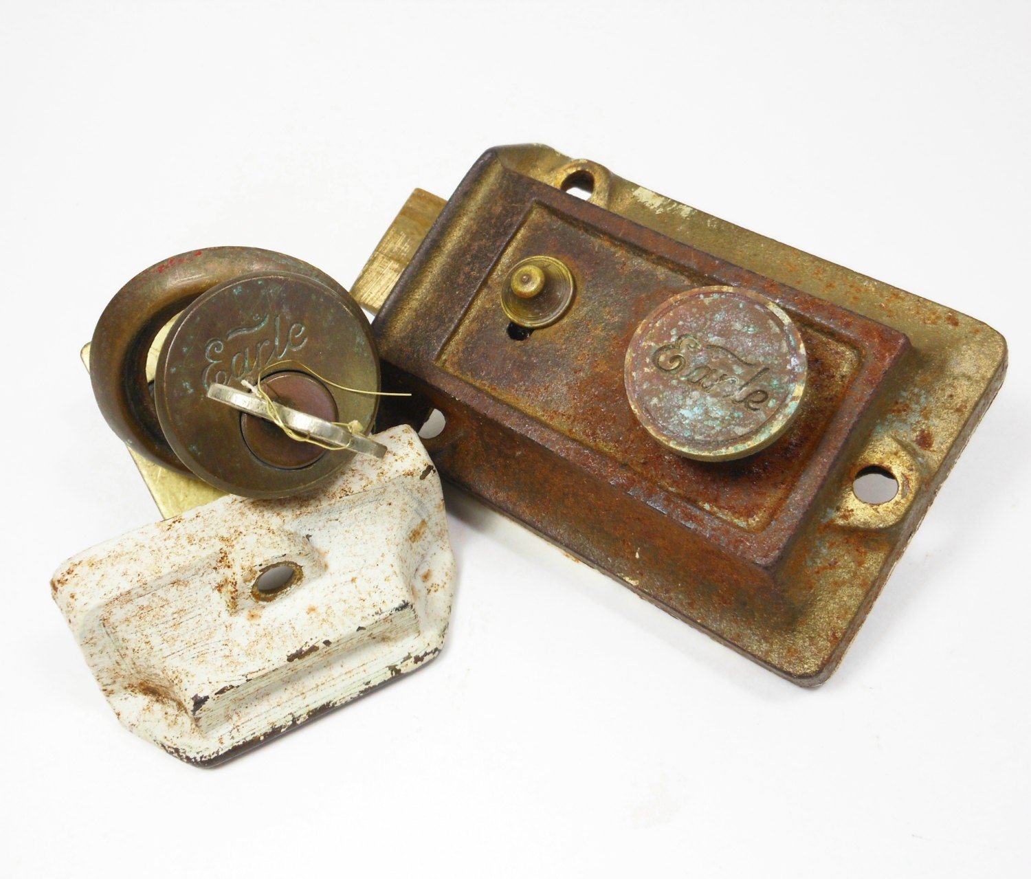 Vintage Lock Steel Key Earle Night Latch Cylinder Lockset Salvage Antique Collectible Repurpose PeachyChicBoutique on Etsy