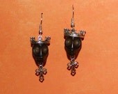 La Santisima Muerte Skull Earrings Crown and Cross Black, Silver Tone Findings