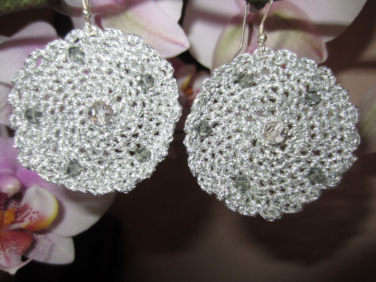 Crochet Silver Gray Metallic Earrings with Swarovski Crystals and Sterling Silver