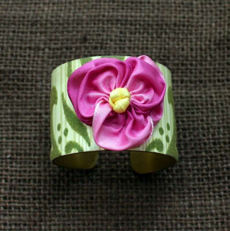 Avocado Green Flocked Vintage Wallpaper Cuff Bracelet with Pink Pansy Embellishment
