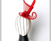 Candied Red... Red and White Striped Asymmetrical Mini Top Hat with Roses N Feather