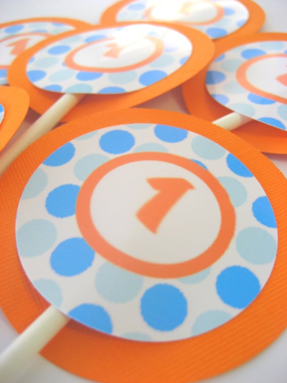 12 Cupcake Toppers - Happy Birthday Orange and Blue Polka Dots - Custom Message or Number Il_570xn