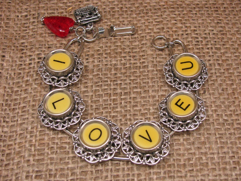 Typewriter Key Jewelry - I Love You Authentic Yellow Typewriter Key Bracelet with Heart Charm