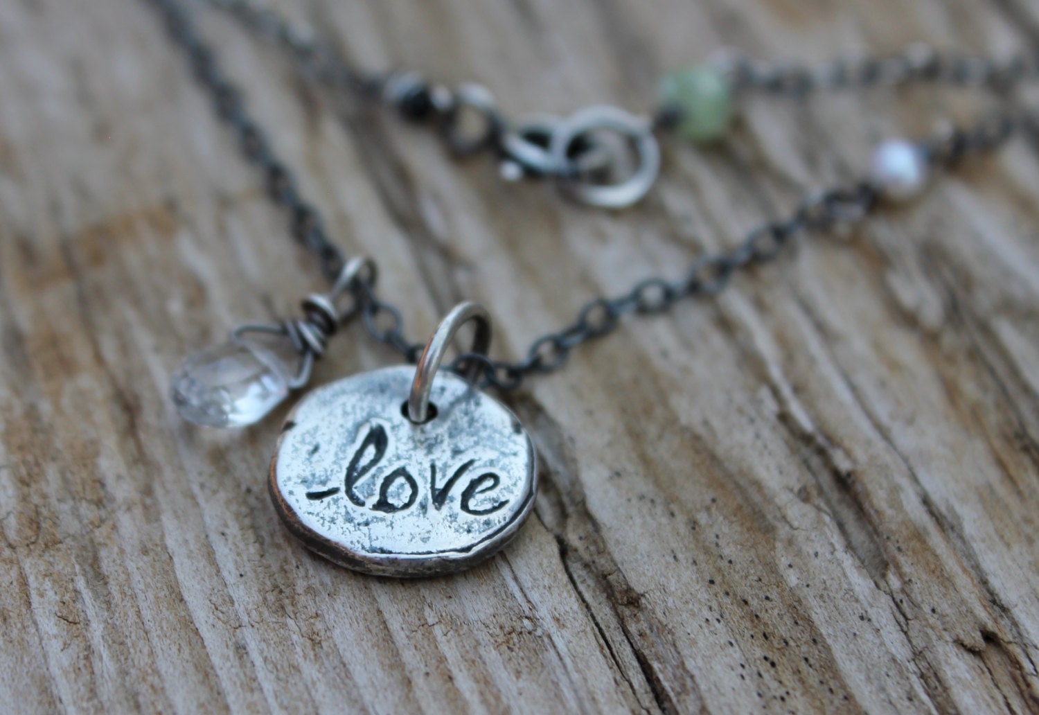 sterling silver love charm necklace . white topaz teardrop love talisman necklace . tudor rose necklace . gemstone charm necklace