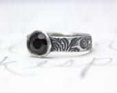 black spinel engagement ring . rose cut gemstone ring . alternative engagement ring . engraved scroll band by peaces of indigo