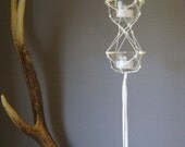 Modern Macrame - hanging glass bowls cups - LED candle holder - tea lights - knotted nylon cord - geometric knots