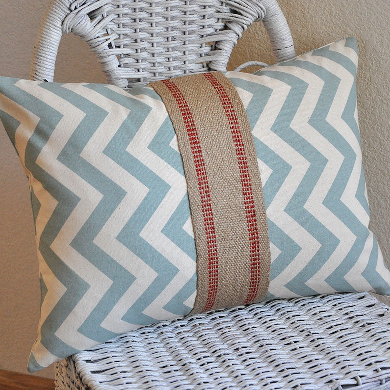 Chevron Zig Zag Chevron Decorative Pillow Cover Zig Zag Blue and Natural Burlap Accent 12x16 Decor Fabric