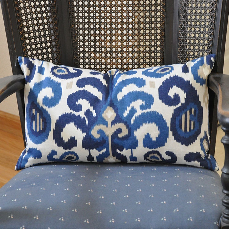 Decorative Ikat Pillow Cover 12x20 inches Navy Blue White Tan Lumbar Pillow Cover
