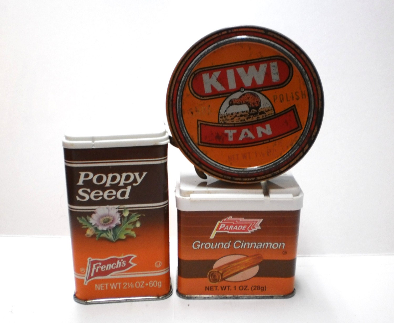 Vintage Kitchen Spice Tins Boxes Orange Brown Farm House Collection Kitchen Tool Lot Cinnamon Poppy Seed Kiwi Polish Advertisements Assorted