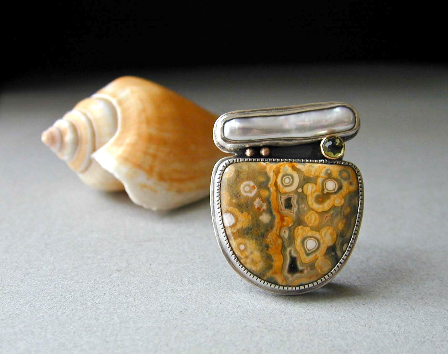 Ocean Jasper, Rose Cut Peridot, Brooch, Stick Pearl, Sterling Silver, 14kt Gold, Rustic,Elegant