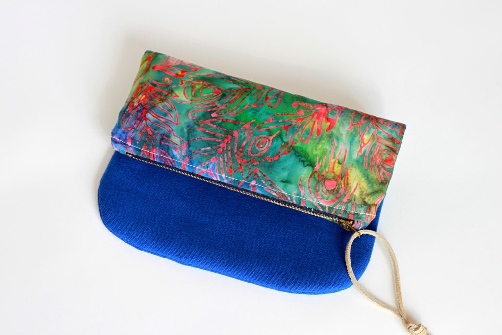 Canvas and Cotton Batik Fold Over Clutch. Bright Blue, Green, Red, Peacock Print. Spring Zipper Pouch in Neon Brights.
