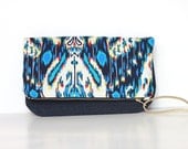 Canvas and Denim Ikat Fold Over Clutch. Monaco Blue. Summer Zipper Pouch. Dusk Blue.
