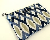 MINI IPAD SLEEVE. "Resort" fabric. Zippered, padded, lined. Pockets for phone and cables. Galaxy, Kindle, Nook. Blue, white, green.