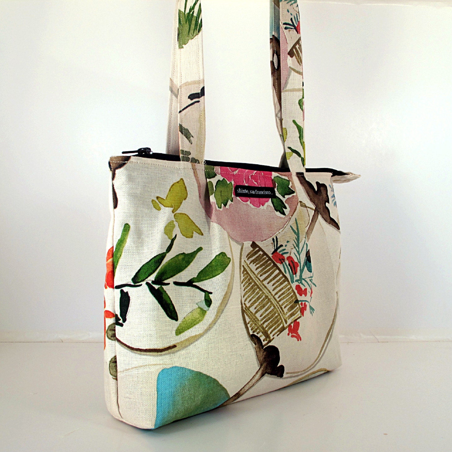 SUMMER HANDBAG. In "Fan" fabric. Cream background with pink, blue, orange. Japanese design with flowers, fan and goldfish.