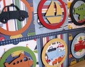 Sale - 3D Boys Circle Tag Collage. Assemblage. 5x7. Car. Airplane. Dump Truck. Fire Truck. Sailboat. INCLUDES 8x10 Mat Shown. Ready to Ship