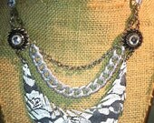 Black and white lace brooch and chain recycled leather necklace
