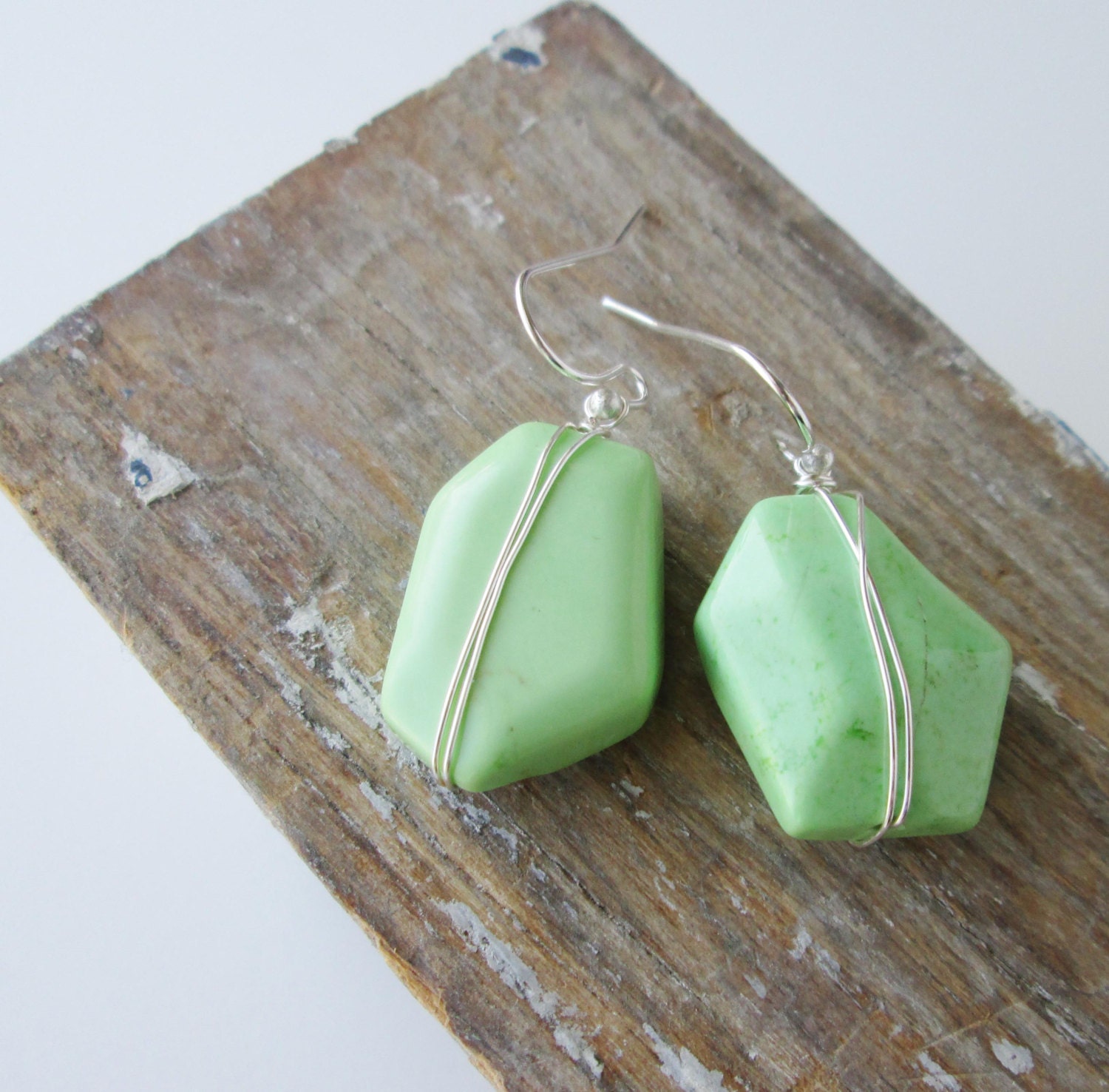 Apple Green Howlite Dangles. Wire Wrapped. Pop of Color. Bold. Bright.