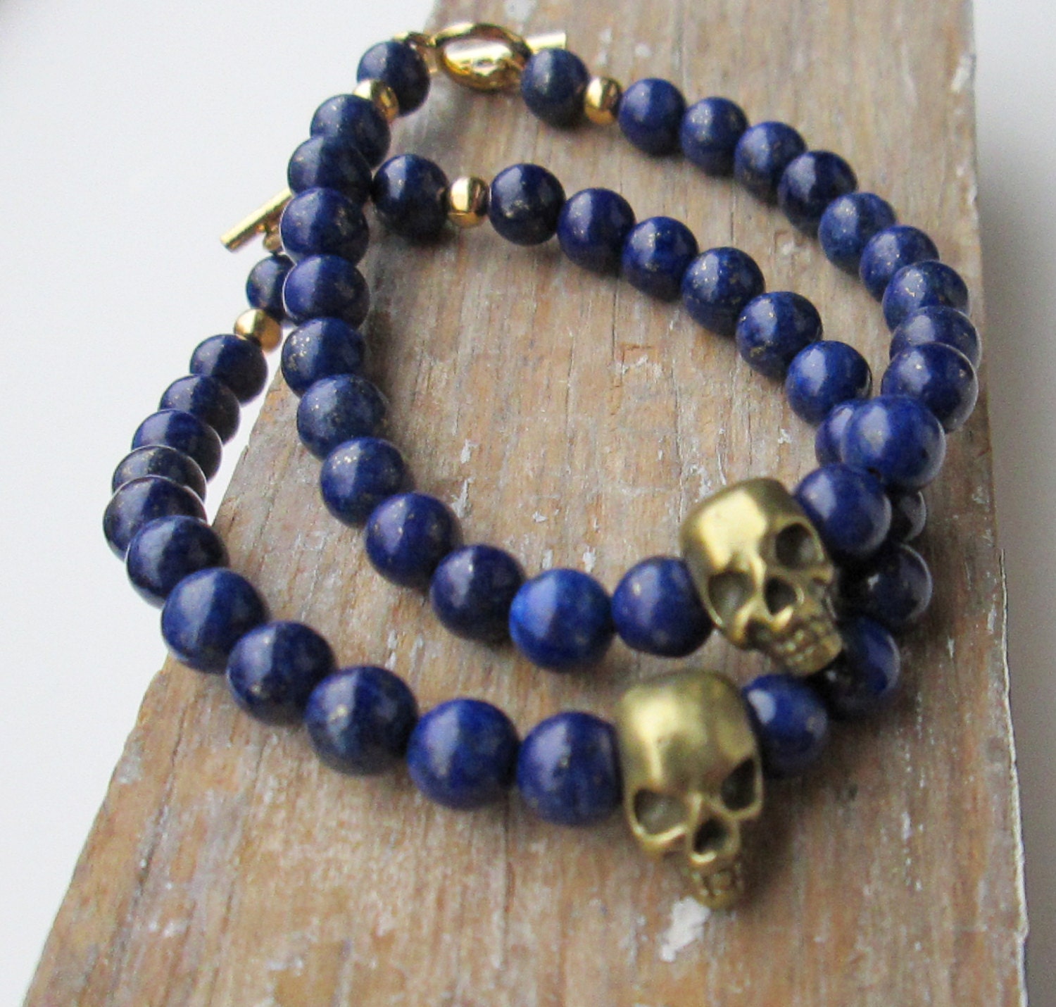 Blue Lapis Bracelet with Skull. Dark Blue. Stone Bracelet. Arm Candy. Stacking Bracelets. Skulls.
