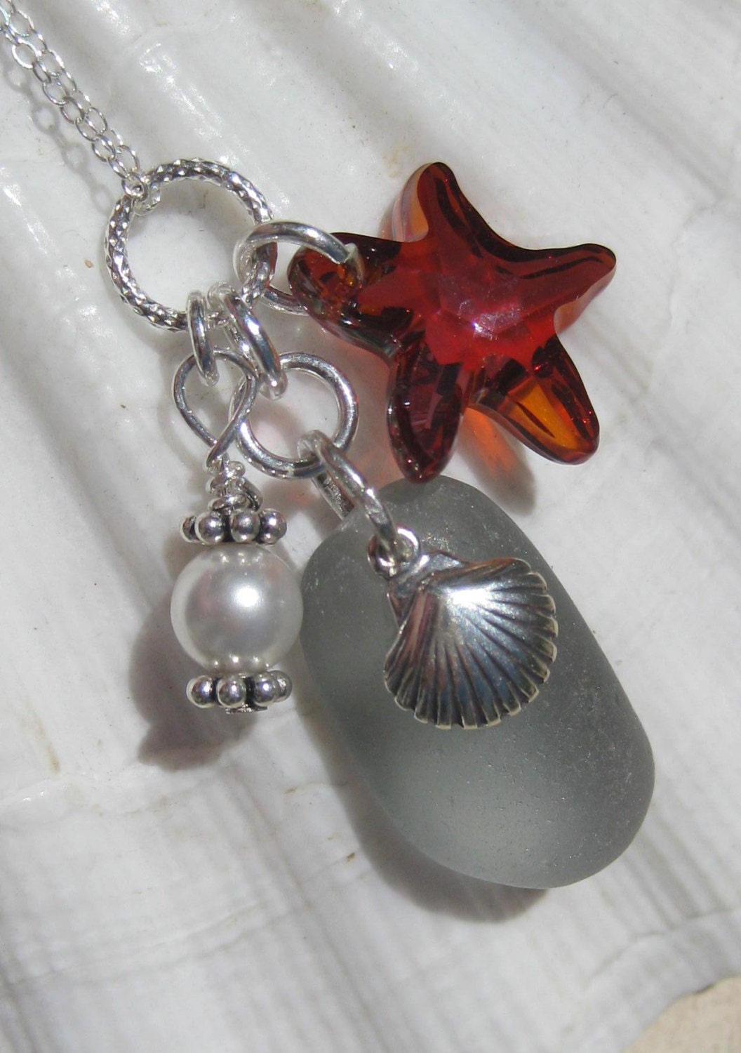 Sea Glass Necklace -  Seaglass Cluster of Charms - Seaglass Jewelry Pendant - Gray Seaglass