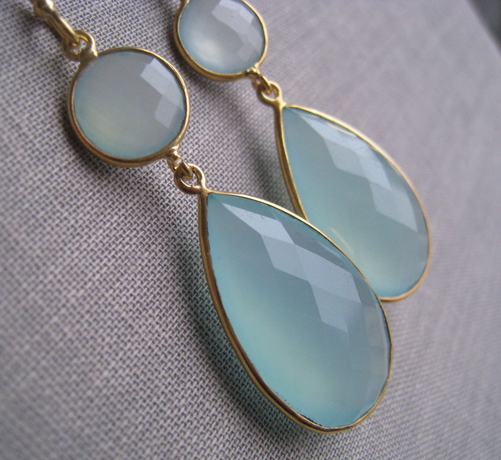 Aqua blue chalcedony earrings, double gemstone, aqua earrings, Gemstone bezel, something blue