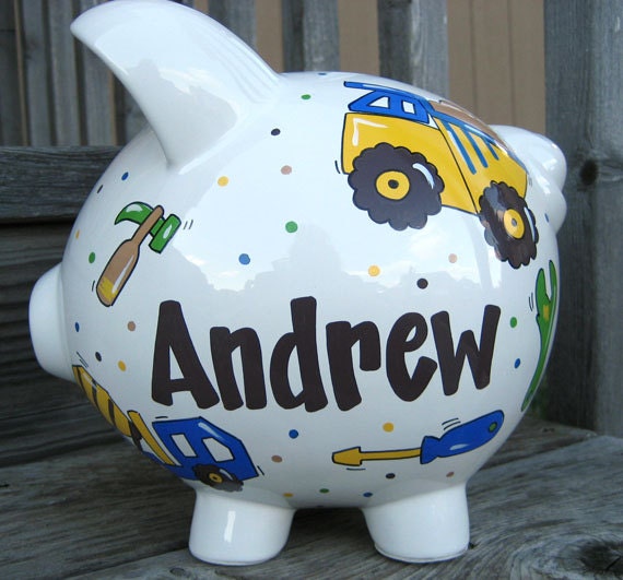 Large-Custom Personalized Piggy Bank-Construction Theme