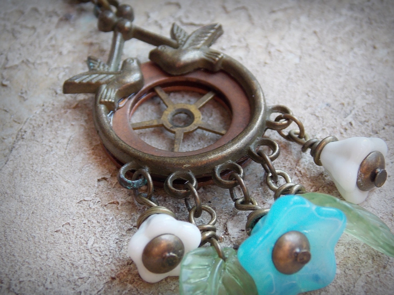 Spring Bird and Flower Necklace Steampunk Jewelry Brass Teal White Green Glass Beads Gears