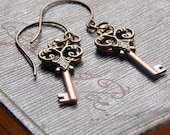 Tiny Key Earrings Copper and Brass Filigree Ear Wires Steampunk Jewelry